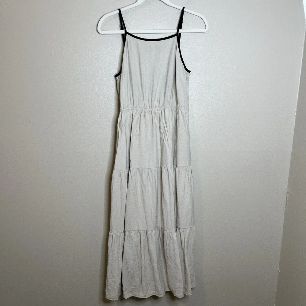 Blue Pepper Cream Contrast Tiered Dress L Boho Minimalist Sundress Cottage - Picture 2 of 8